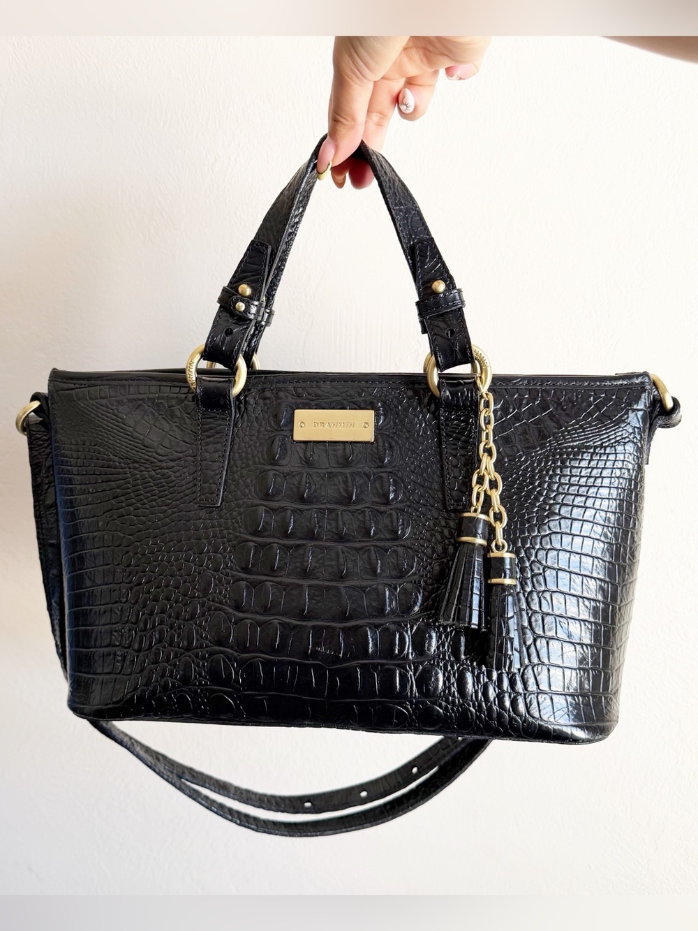 Brahmin vintage Mini Asher Black Croc-Embossed Leather Satchel